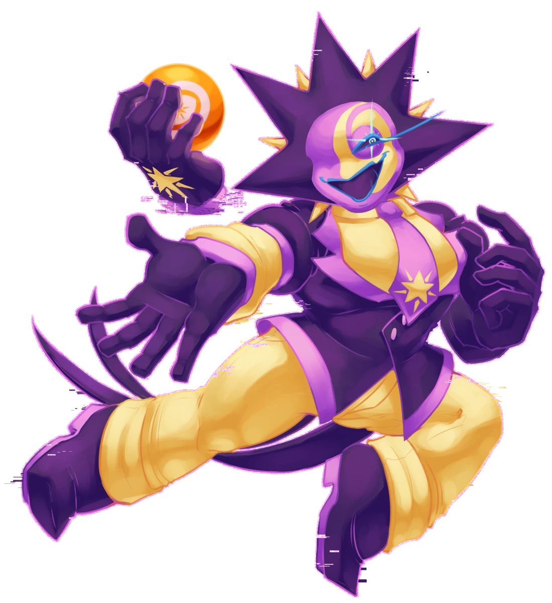 A humanoid being with a starry head in a suit, colored with offwhite yellow, lavender, and dark purple. He has a detached glitched hand floating with him, holding up an urange sphere with CaelOS logo.