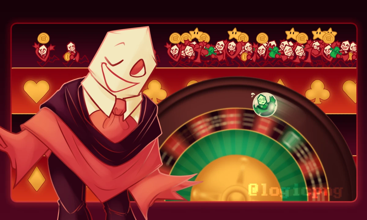 Digital drawing, fanart of Deltarune. A drawing of a Red Pippins with a casino-esque background. The Green Pippins is trapped in a roulette ball and a hoard of red Pippinses is running with various Nintendo items.
