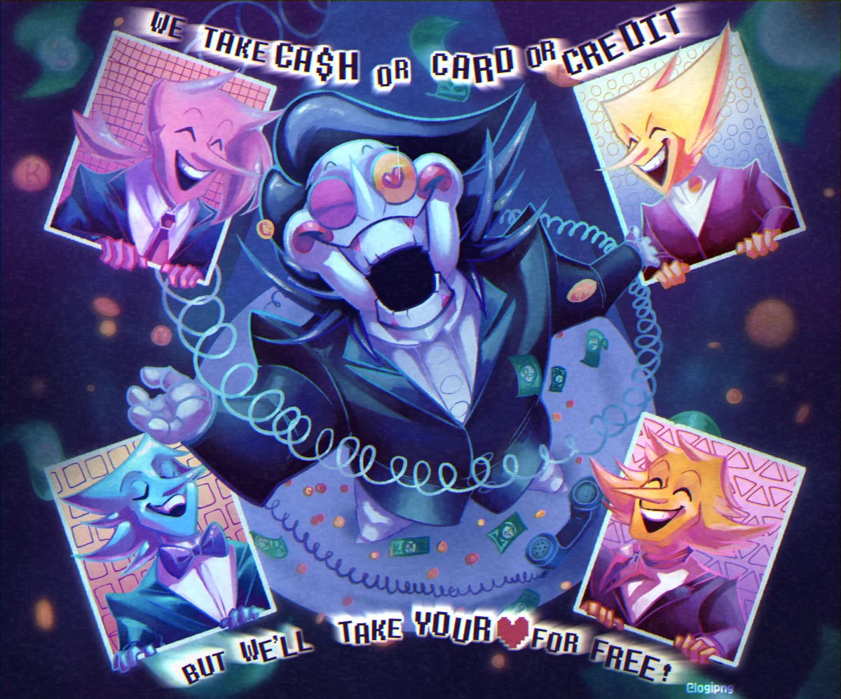 Digital illustration, fanart for Ad Infinitum song by The Stupendium with the four Addisons and Spamton in the middle. Text reads 'We take cash or card or credit, but we'll take your heart for free!'