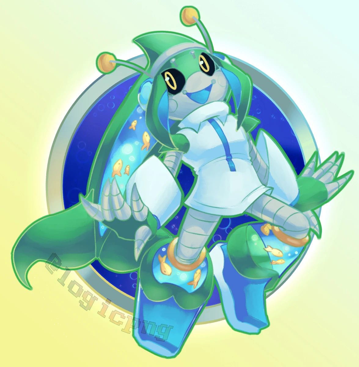 Art fight attack on Infinithiez, featuring their character, AER-0 the Robot. A Sonic the Hedgehog styled robot with a long green dolphin tail growing from their head, and water reservoirs in said tail and legs with golden fish, is posing as iff mid-jump, smiling,  a Windows 7 styled icon circle behind them.