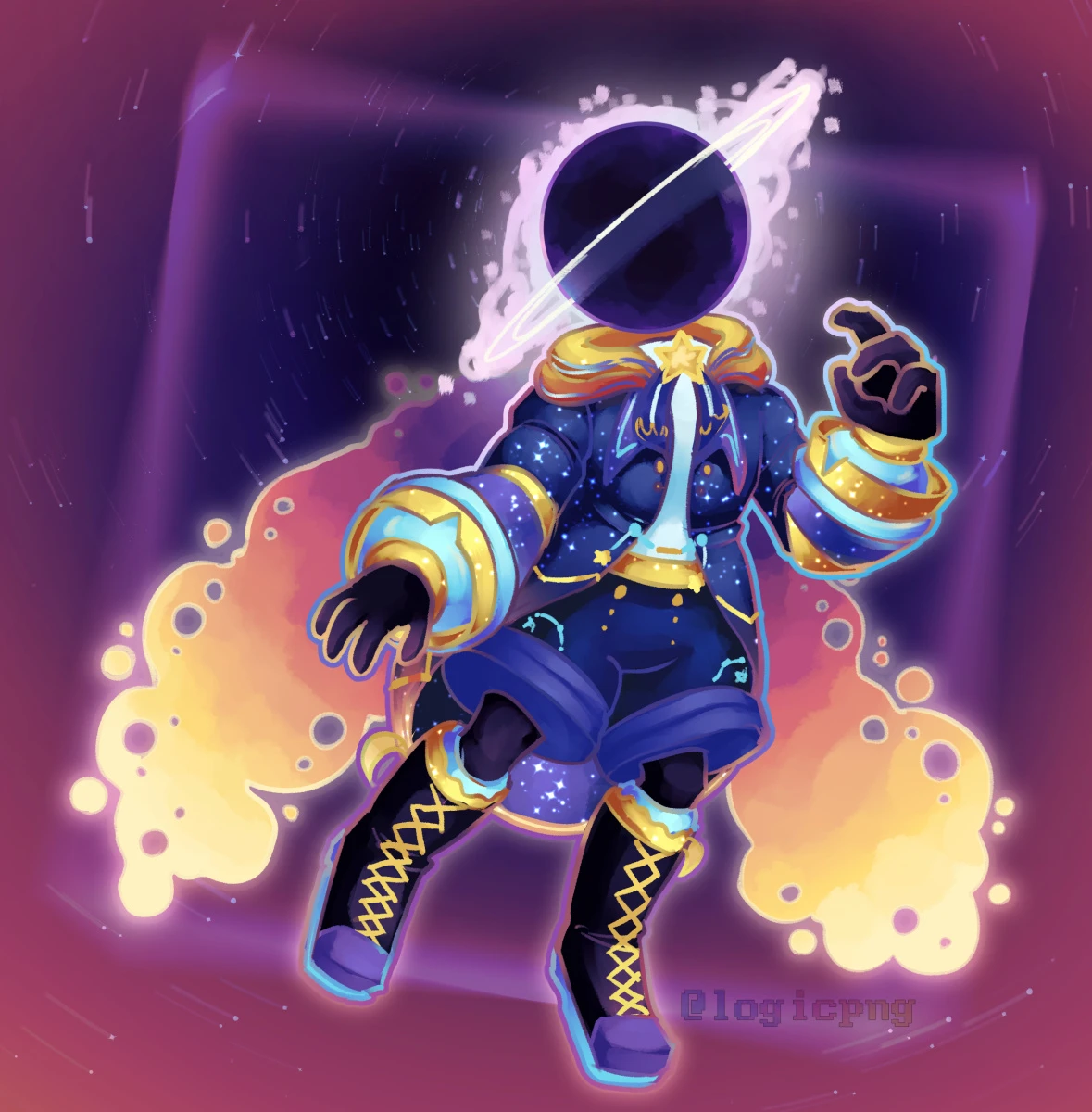 Art fight attack on dreaminqluna, featuring their character, Aether. Aether is a black hole object head, wearing a sparkly starry coat, a star brooch at xe's neck, and wings glowing from purple, to red, to orange, to bright yellow. The background has stars subtly spinning around xe's head.