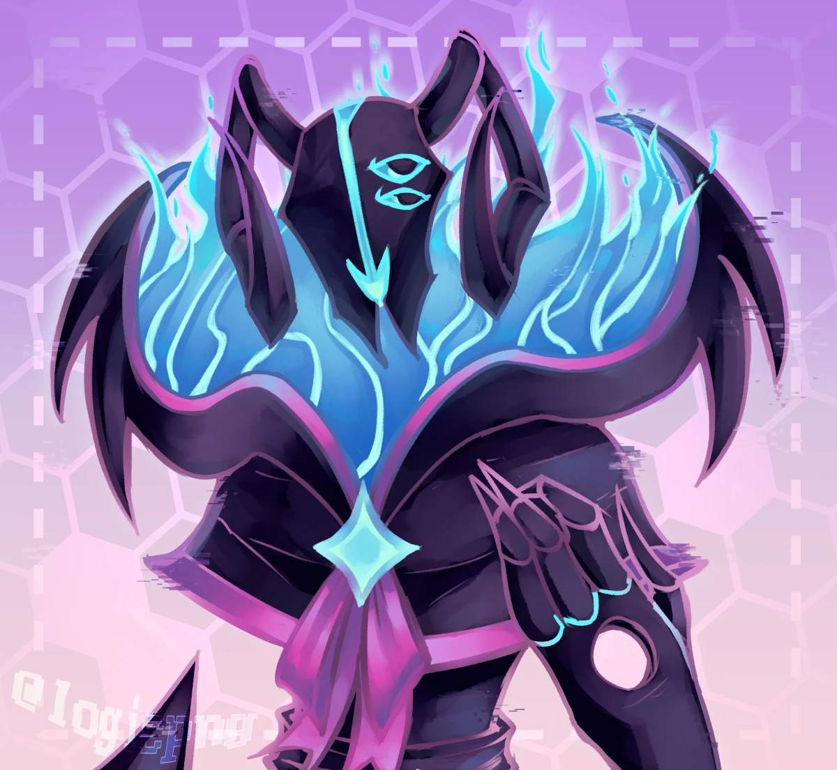 Art attack on critta, featuring their corru.observer fan character, Kizketeche Vel Moznik. They are an obesk, with a ram skull shaped head, two eyes on one side of their head, and a small shoulder cape with a tall collar with light blue flames in the middle, and a rhombus shaped bright brooch with a pink bow in the middle.