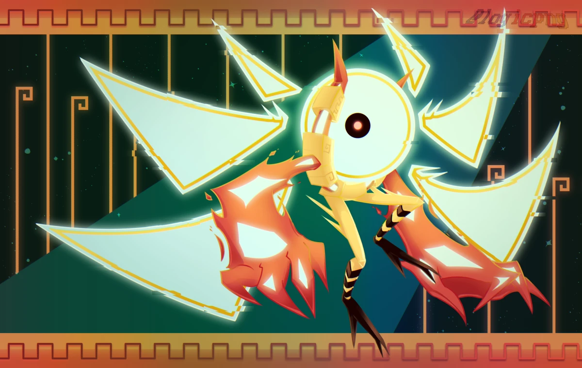 Digital drawing of a geometric styled deity with one massive eye sphere, thin legs, arms made of fire, and six triangular wings