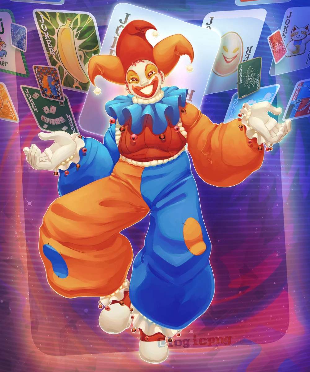 Digital illustration, fanart of Balatro. Jimbo is hovering in front of his own blank joker card, surrounded by several other jokers from the game. The background is of red and blue swirls reminiscent of the game with a crt texture.