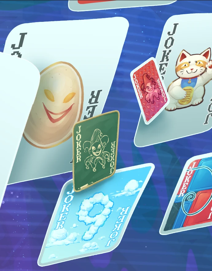 Joker Cards from the right side of the image: Egg, Lusty Joker, Lucky Cat, Blackboard, Cloud 9, Fibonacci