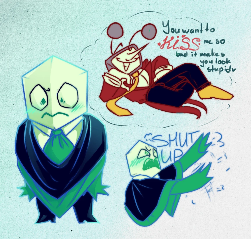 Digital doodle of Green Pippins from Deltarune, tense and strained from a thought. The thought is a smug looking Tenna reclining on his elbow, saying "You want to KISS me so bad it makes you look stupid". He then waves his arms at the speech balloon, flustered, yelling "SHUT UP"