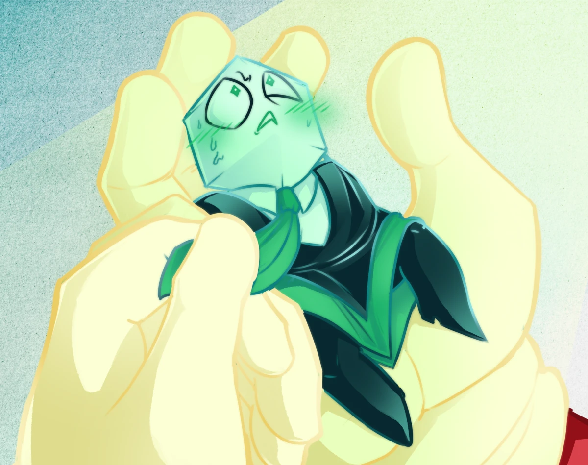 Digital doodle, Battat is reclined on his elbows on Tenna's hand, in awe and visibly flustered. One of the hands is holding up his tie untucked from the poncho