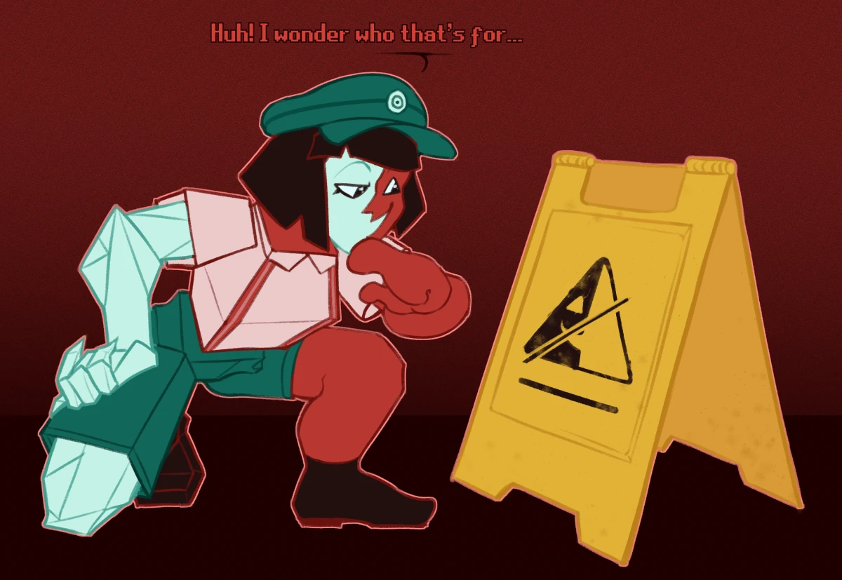 Digital drawing of Dream BBQ ENA kneeling before a floor sign depicting her face crossed out. She says: 'Huh! I wonder who that's for...'