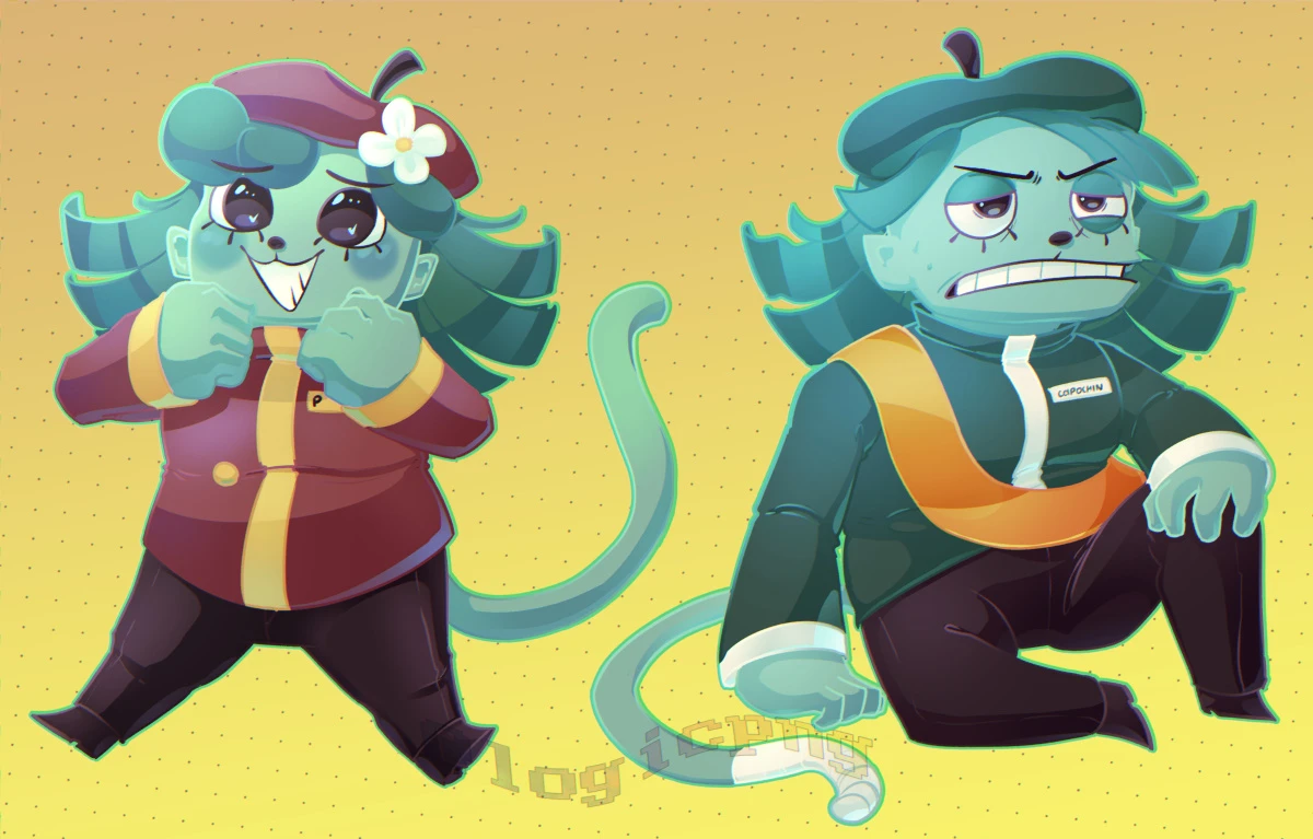 Digital artwork, fanart of Great God Grove. Two cell shaded drawings, one of bizzyboy P, happy with big sparkly eyes, and one of Capochin sitting on the ground, looking tired and annoyed.