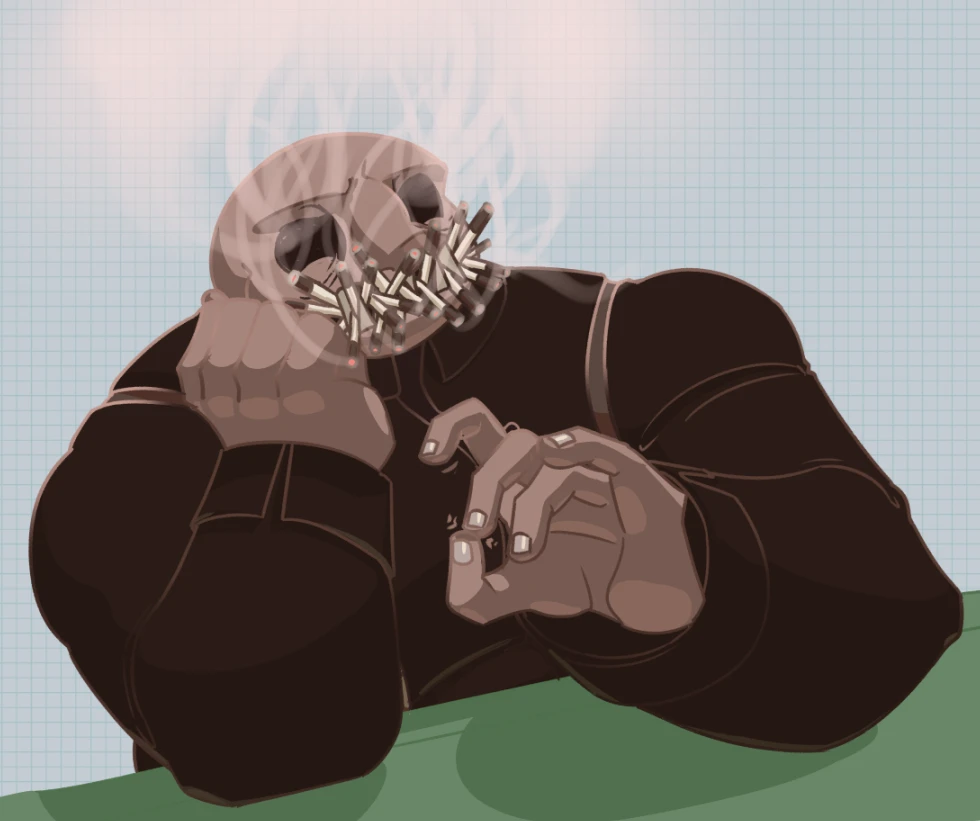 doodle of buckshot roulette dealer with a lot of chaotically placed cigarettes in his mouth, head resting against a hand