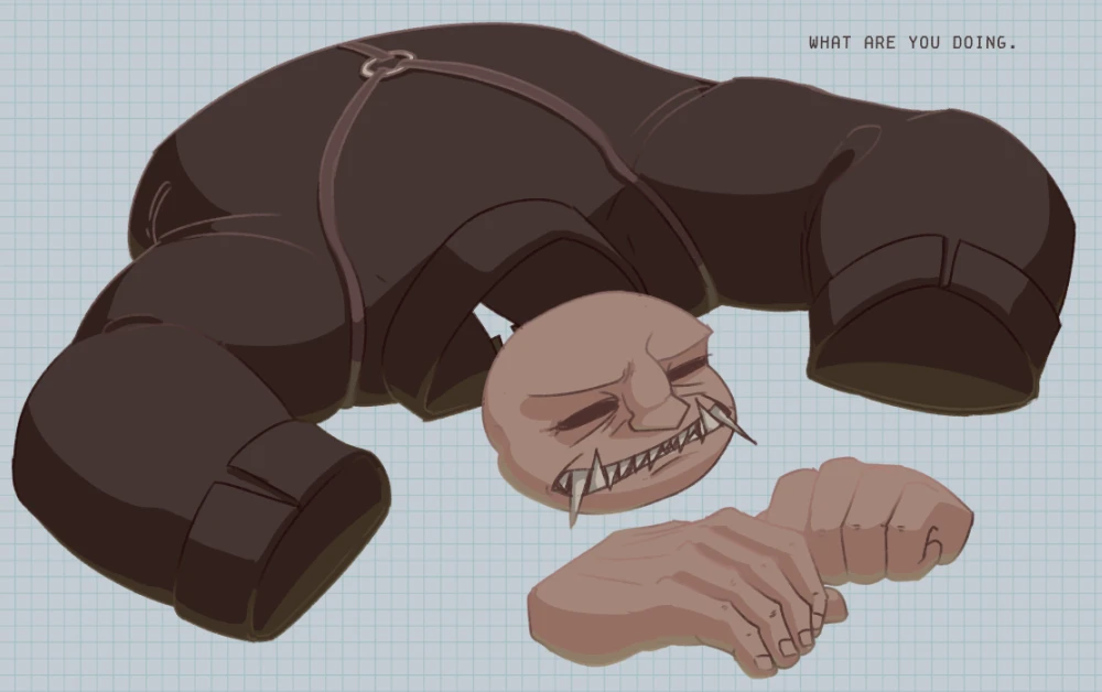 Digital doodle of Buckshot Roulette Dealer. he's leaned on the table with the head and hands visibly detached from the suit, frustrated, saying 'what are you doing...'