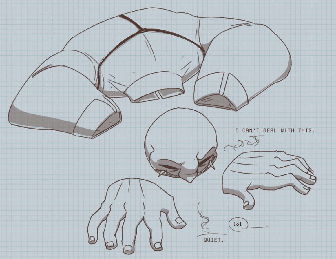Continuation of previous drawing, Dealer's  head and hands are moved away further from the empty body, saying 'I can't deal with this.' a reply 'lol', and a response back 'quiet.'