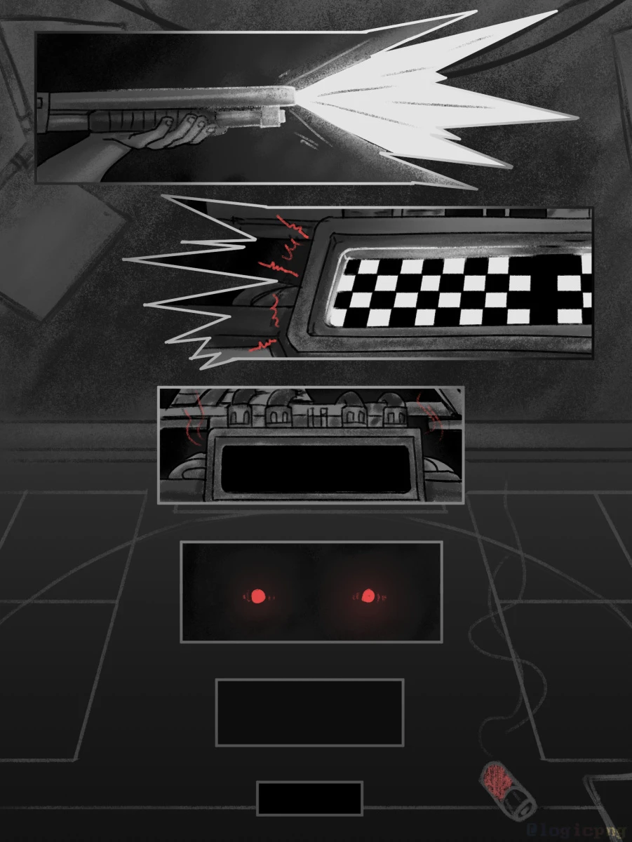 Digital comic in five pages, Fanart of Mike Klubnika's Buckshot Roulette.  An unseen player shoots a live round, the screen keeping score displaying a glitched grid and fading to black, as it does upon winning within main story. Two glowing eyes show from the dark and fade back into the darkness. The background shows the playing table with a smoking live shell.