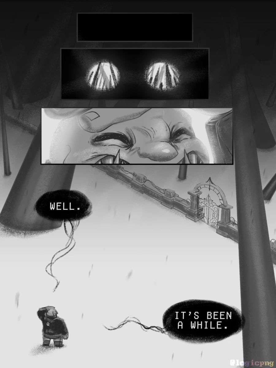 From the dark, blinding light blares into the Dealer's empty sockets, causing him to put a hand over his head. He appears to be at the broken Heaven's bronze gates, surrounded by massive metallic spikes protruding from the ground. Addressing someone unseen, Dealer says 'Well. It's been a while.'