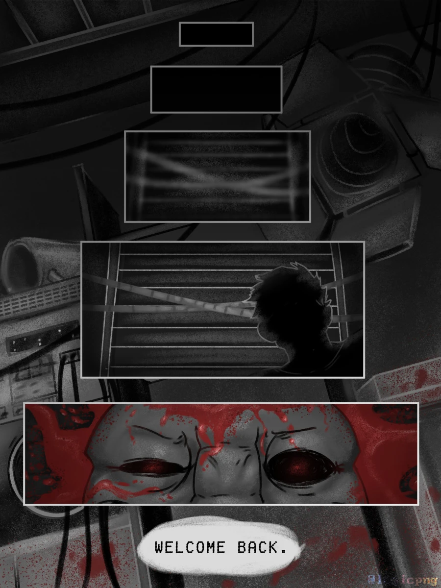 Back at the nightclub's game room, the view on the room's ceiling gradually clears up, showing a human figure, face obscured by darkness, looking down at the floor. On the floor, Dealer seems to wake up in a pool of his own blood, reddish light in his eyes. The background shows a wall of the game's room, splattered with blood at the bottom. 'Welcome back.', the human figure says, presumably the Doctor/Assistant.