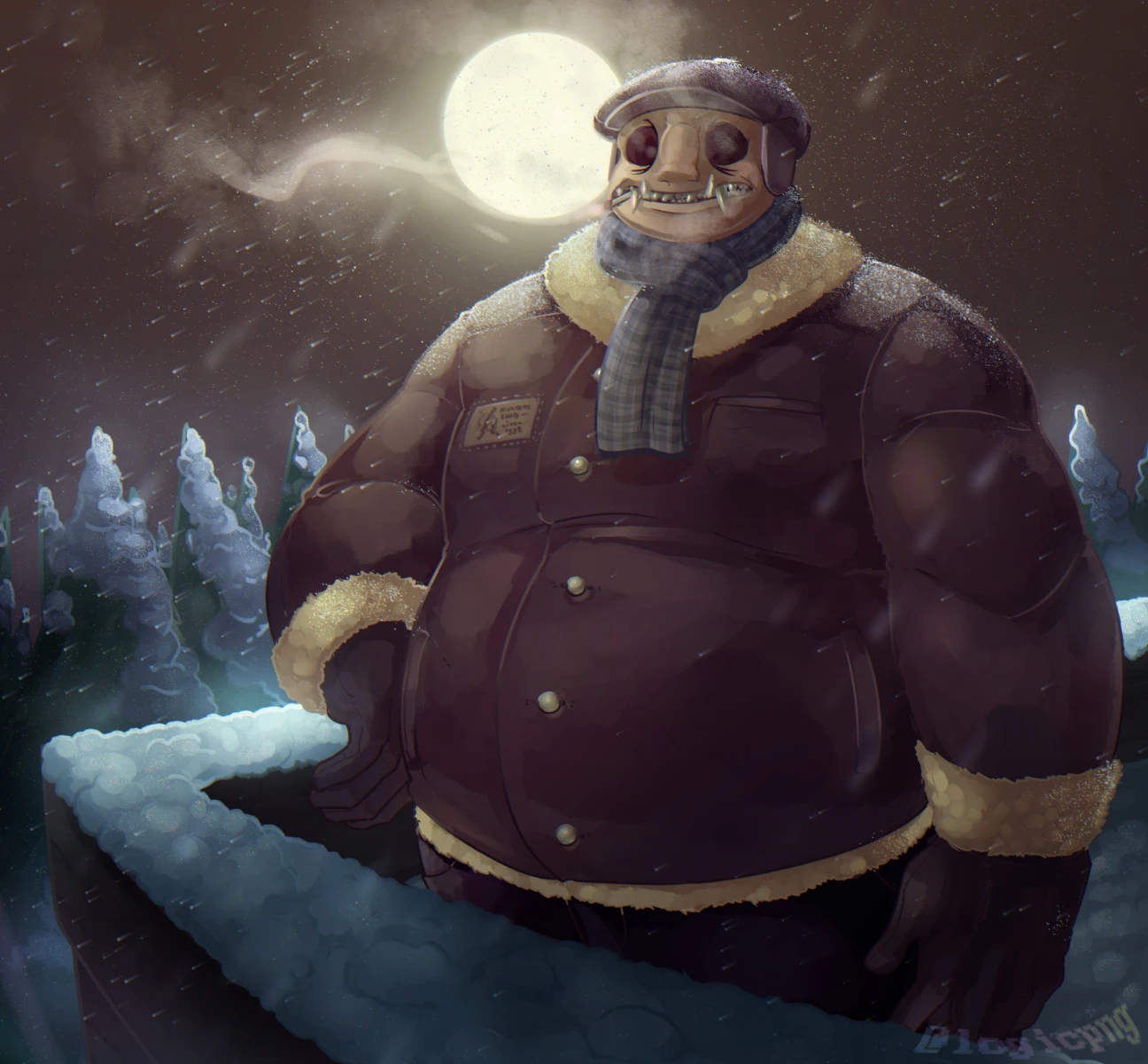 Digital artwork, fanart of Mike Klubnika's Buckshot Roulette. Dealer is standing on the roof of the clubhouse, smoking, in winter clothes, as it snows at night, with a full moon in the background.