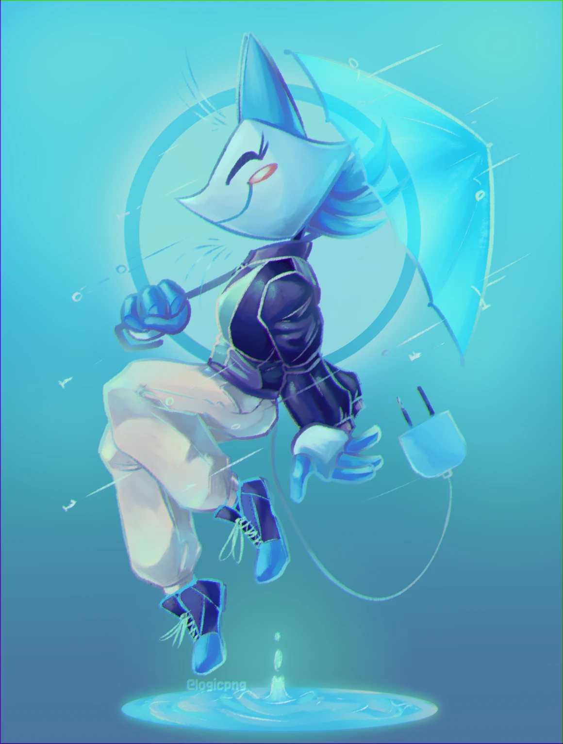 Digital drawing of Tasque Manager with a translucent umbrella, in a windbreaker with sleeves tied behind her back.