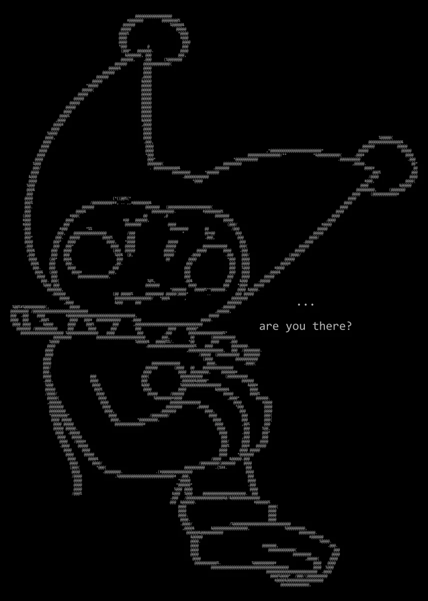 Image shows just the lineart rendered in ASCII: Caroline is holding one of her shoulders, frowning, lost looking, text saying “…are you there?”.