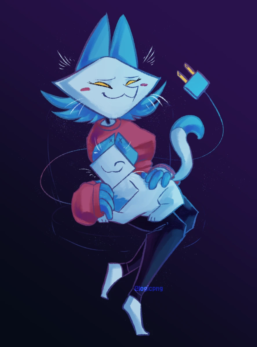 Digital drawing of Tasque Manager with a Tasque in her lap.
