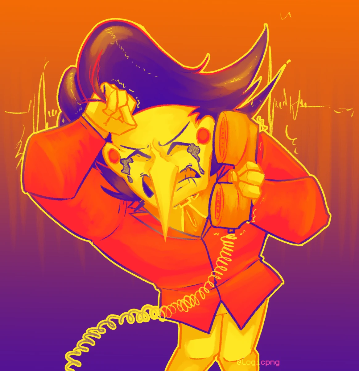 Digital drawing of Big Shot Era Spamton crying and tugging at his hair with a phone reciever
