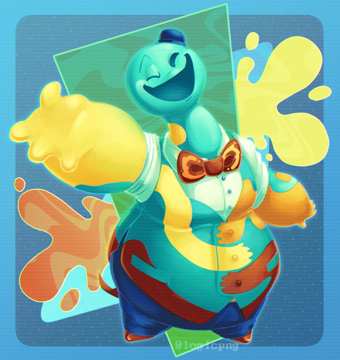 Digital drawing of Doey the Doughman from Poppy Playtime Chapter 4 in a brightly colorful waistcoat suit