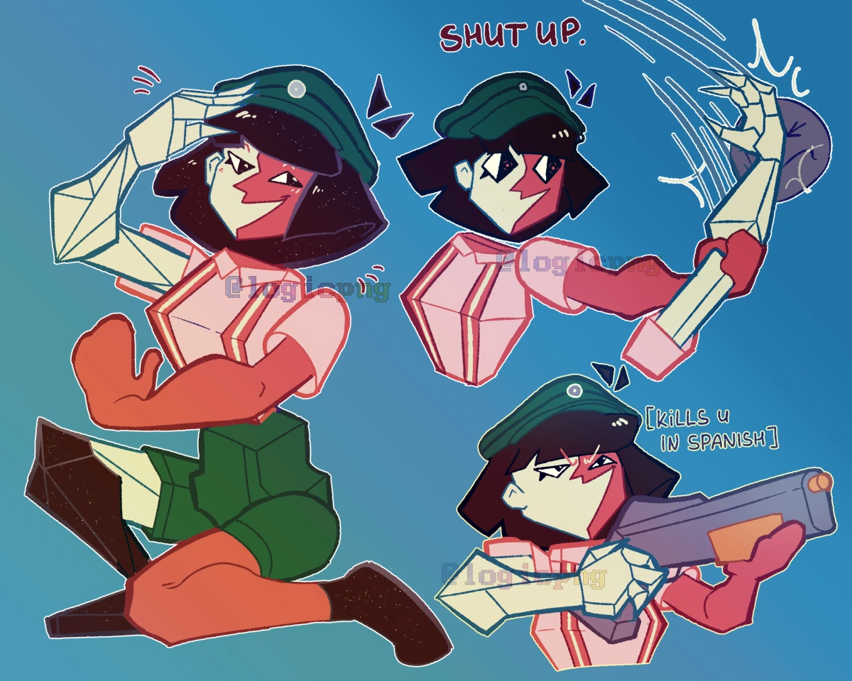 Three digital drawings of Dream BBQ ENA, from Joel G's animated series. Images show her posing while kneeling, hitting a face with her own detached white arm (text says 'Shut up.'), and holding up a toy rifle, with a mischievous expression (text says 'Kills u in Spanish').