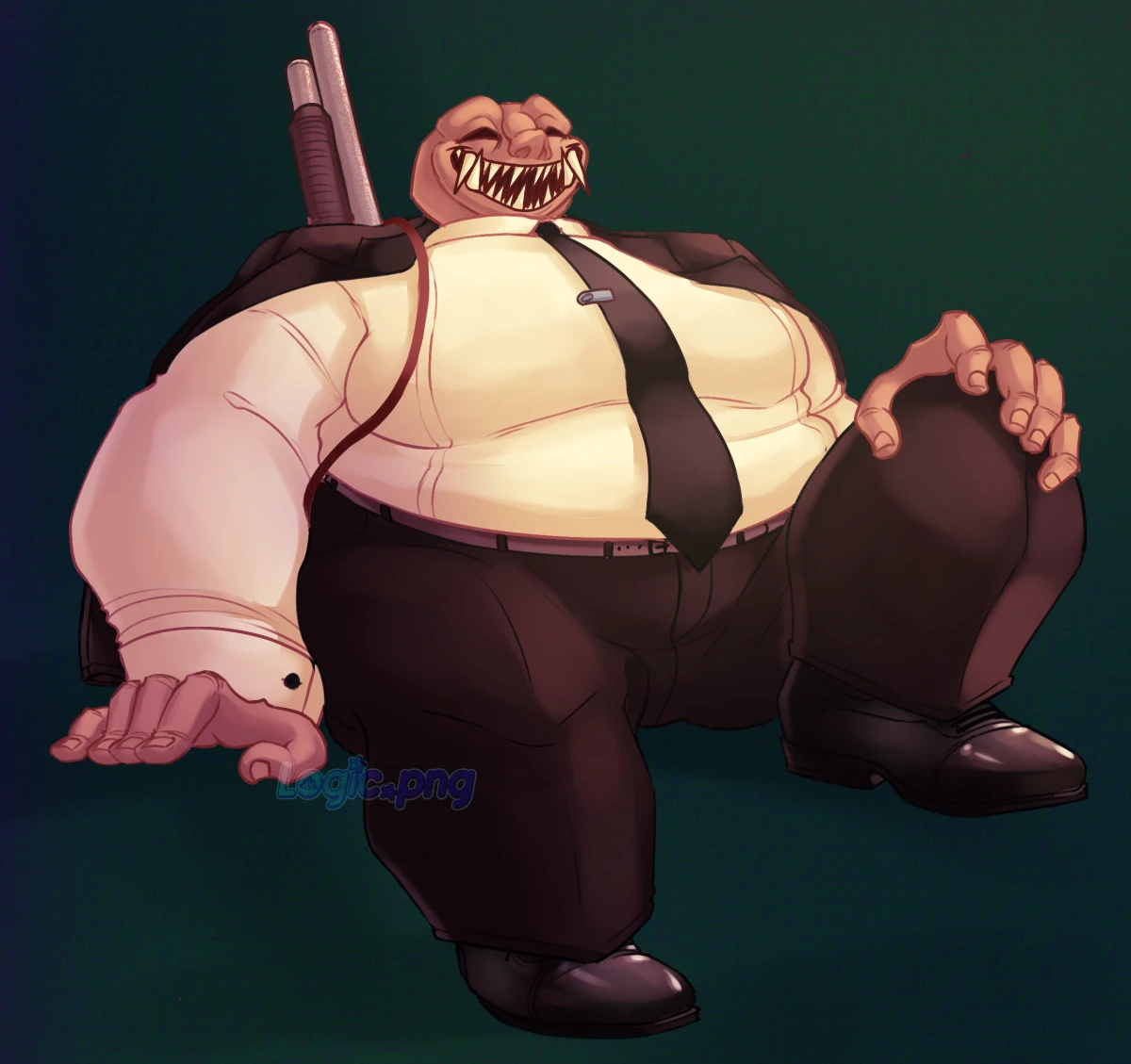 Digital drawing of Buckshot Roulette Dealer in a more formal fit: black coat over her shoulders, white shirt, a black tie, dress shoes. The shotgun is hanging on her back with a strap over the shoulder