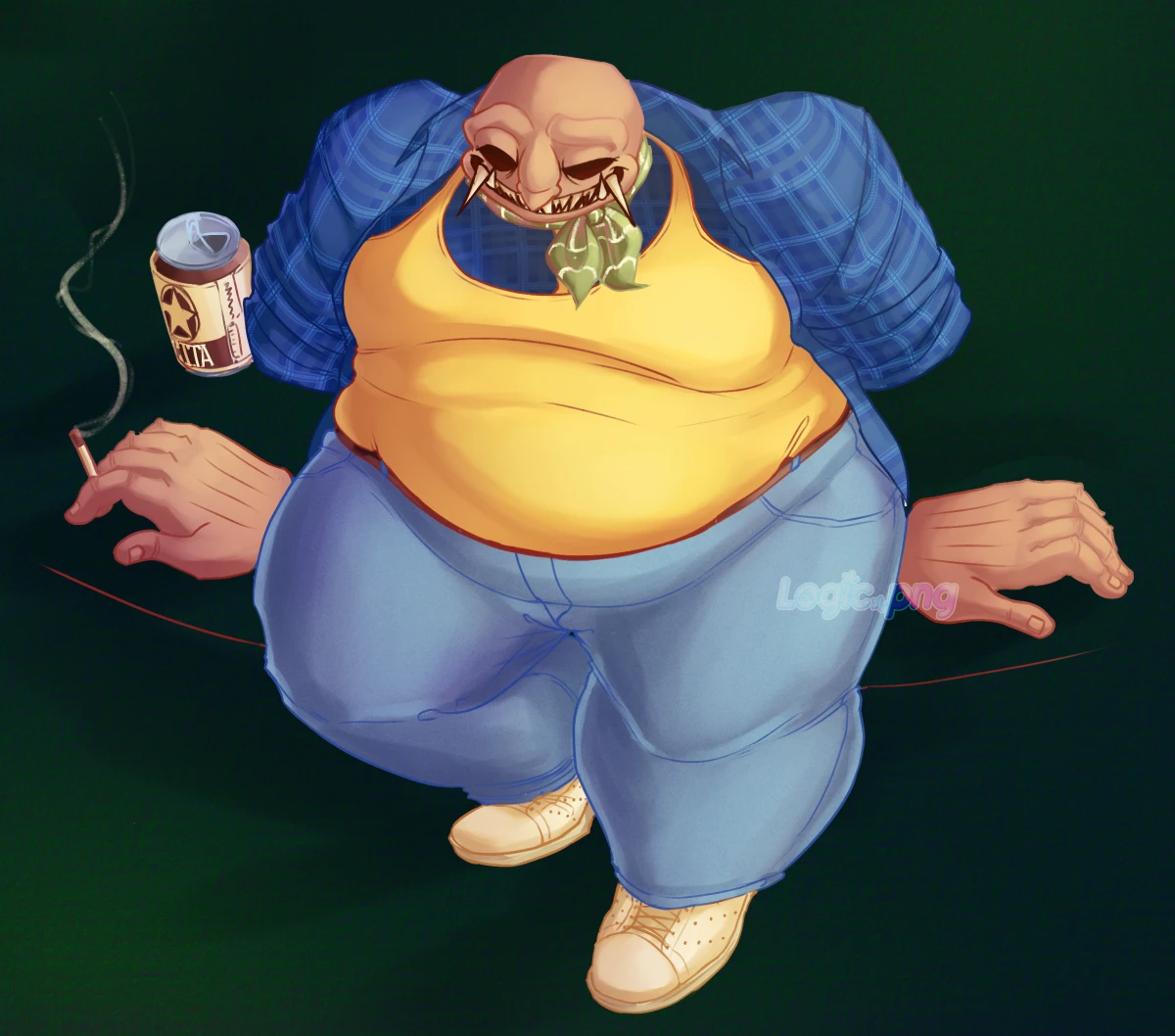 Ditto, a more casual outfit. Plaid blue shirt, yellow tanktop, greenish kerchief around her neck like a tie (vaguely resembling the source game's desk color and markings), white sneakers. There's an opened can of Digita beer next to her.