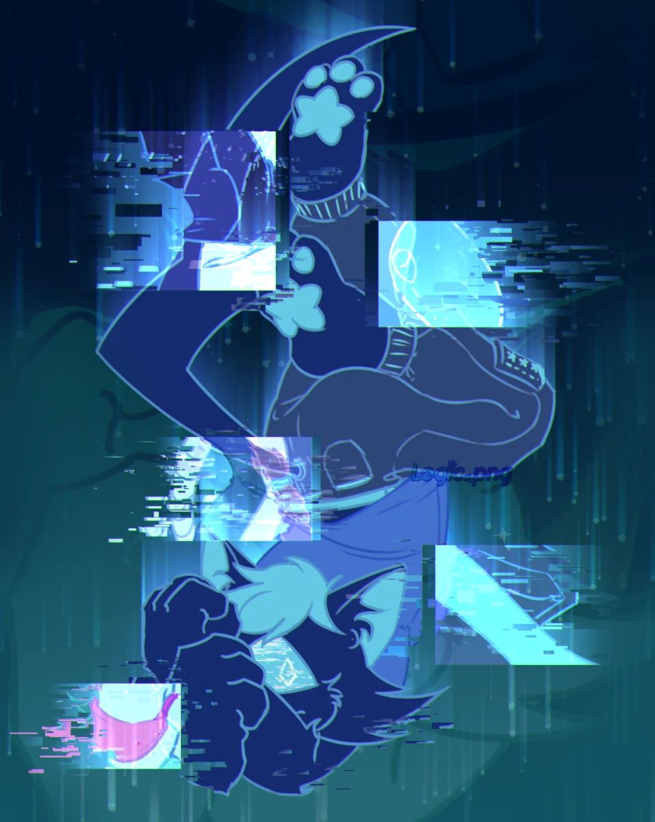 Digital drawing of an anthro cyclops black cat covering his face in a fall. Parts of him are fragmented off and show parts of other characters in the same pose.