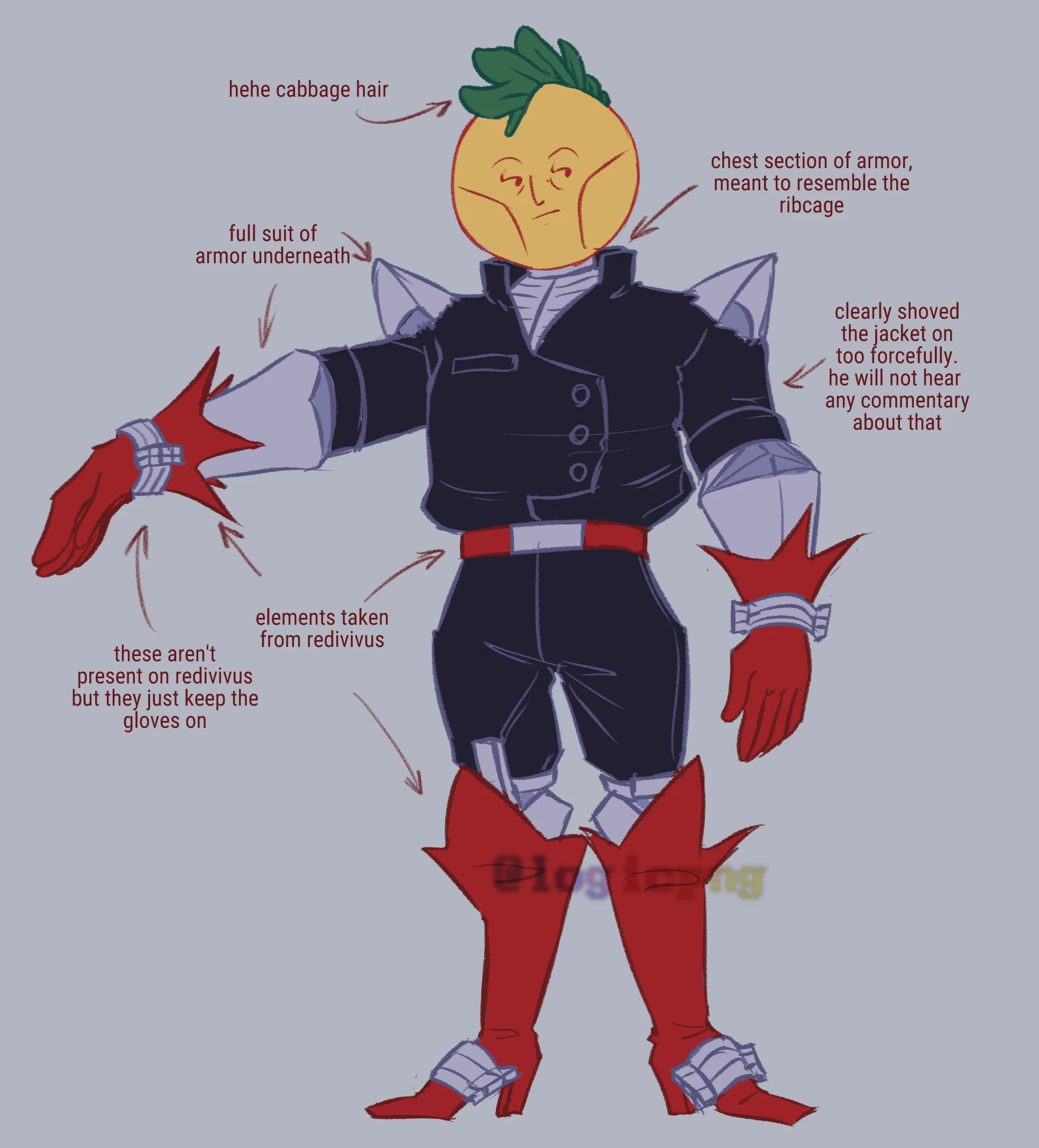 Digital fanart of Gibby from Hylics, showcasing OP's take on the character with arrows pointing to various elements, designating notes for the design. He is standing in a standard idle pose, one arm stretched to the side.