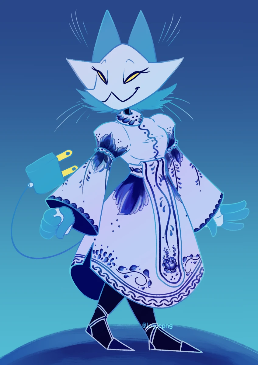Digital drawing of Tasque Manager in a dress styled after Ghzel style of pottery