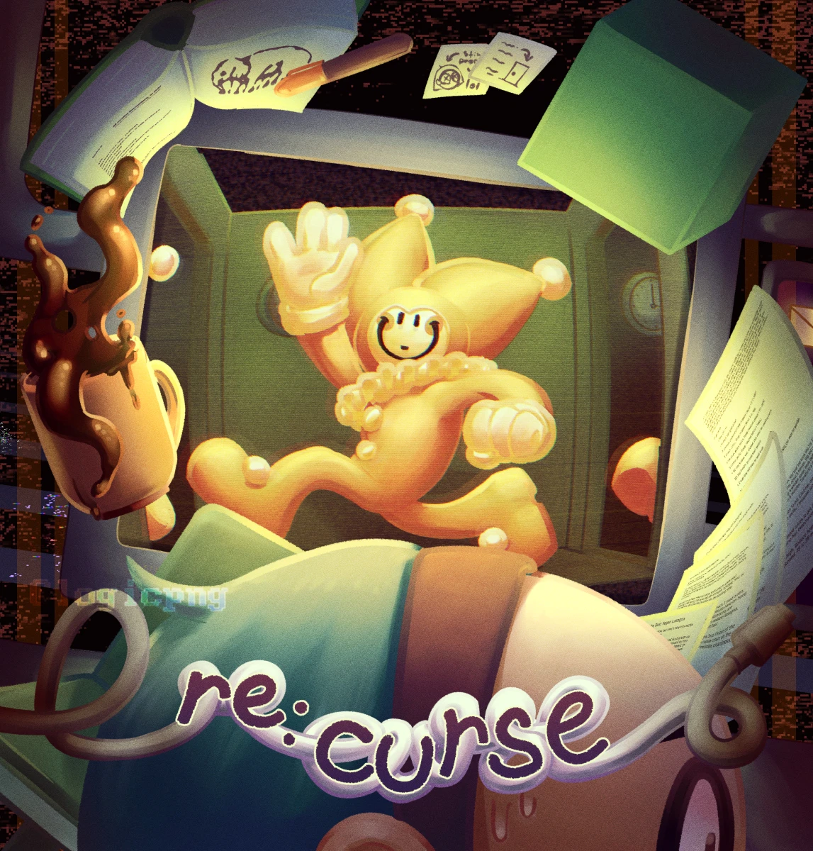 Digital artwork, fanart of devpalmer's Re:Curse. Caroline, a small yellow jester, is running through a corridor and waving at the viewer screen. In front of the screen, a series of objects from the game is floating in a spiral. Further in front Linda Langley's head is seen, nervous. A cable is curled to say: 're: curse'