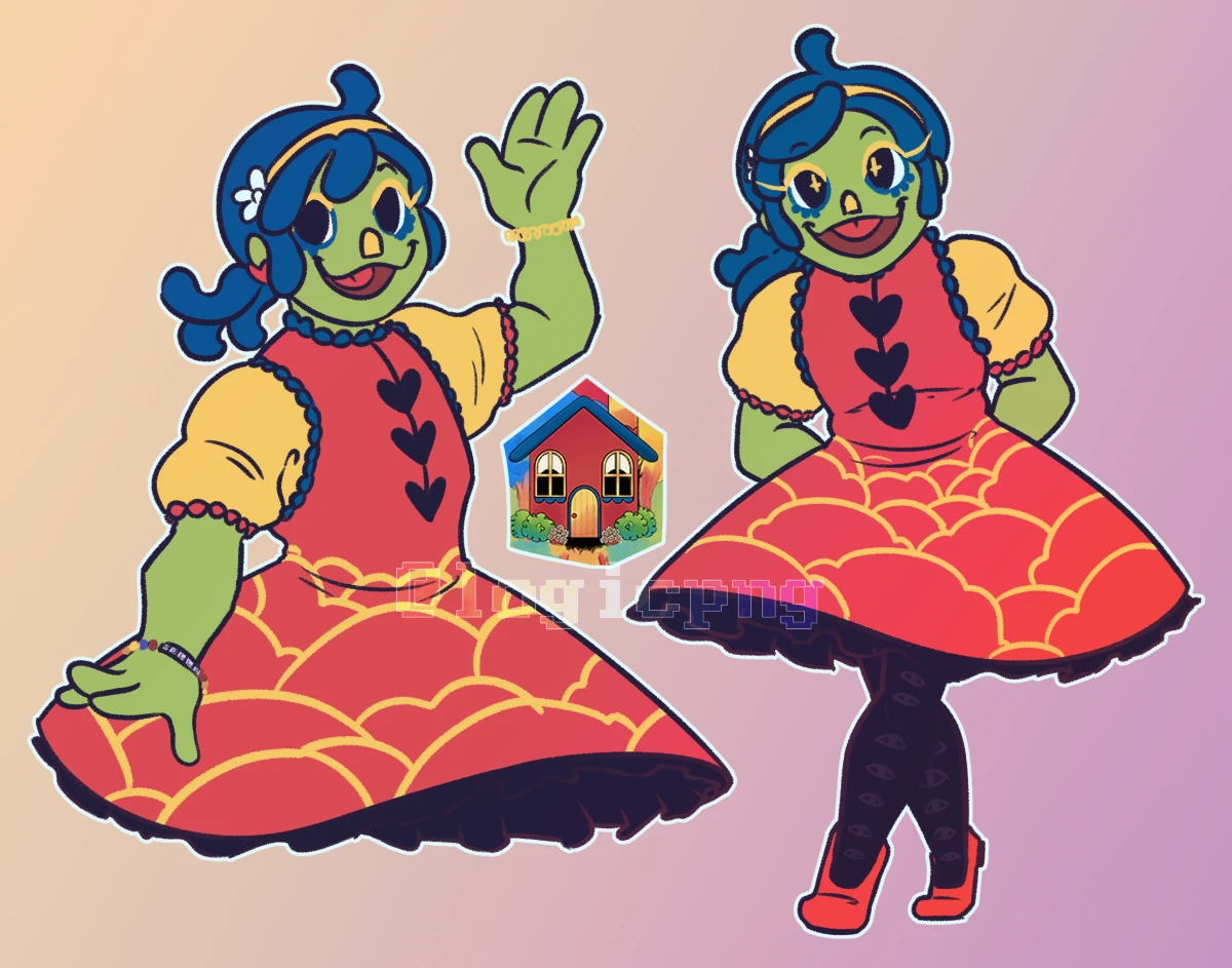 Two digital drawings depicting a personification of Home of Partycoffin's Welcome Home project, first of them waving and the other of them bending forward coyly.