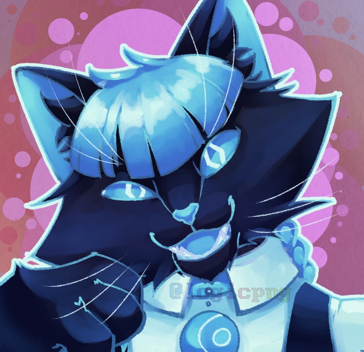 An anthropomorphic black cat with cyan accents, with a braid, in a suit, with a collar bearing a moon symbol.