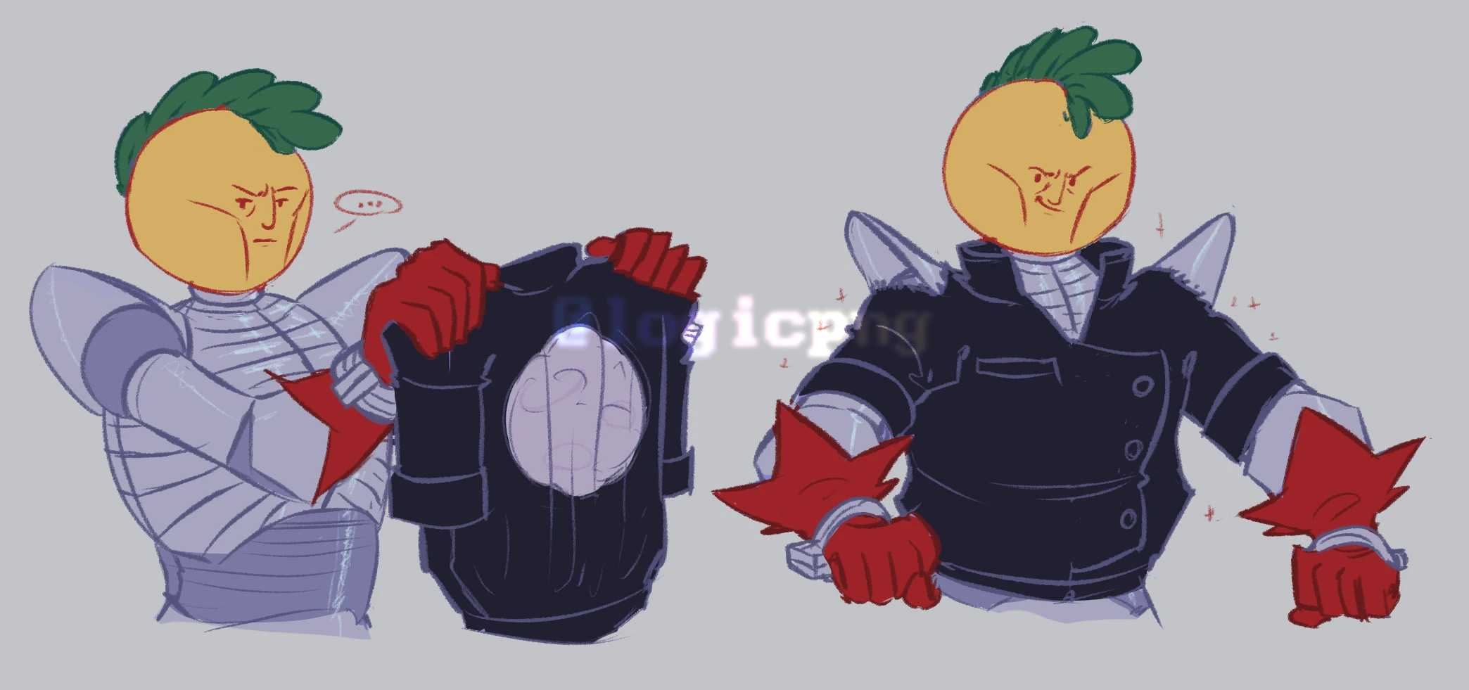 Sketchy digital fanart of Gibby from Hylics, made of two separate drawings. First one is Gibby holding a black leather jacket in front of himself, expression contemplative. The jacket has an image of the moon on its back. The second one has Gibby successfully having putting on the jacket. The pointy shoulder covers completely tore through the shoulders of the jackets, clearly visible. Despite (or because of) that, he appears to be satisfied with himself.