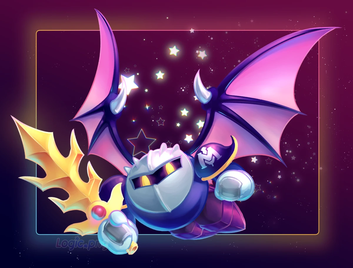 Digital drawing of Meta Knight from Kirby game series, with bat wings out and holding up a sword.
