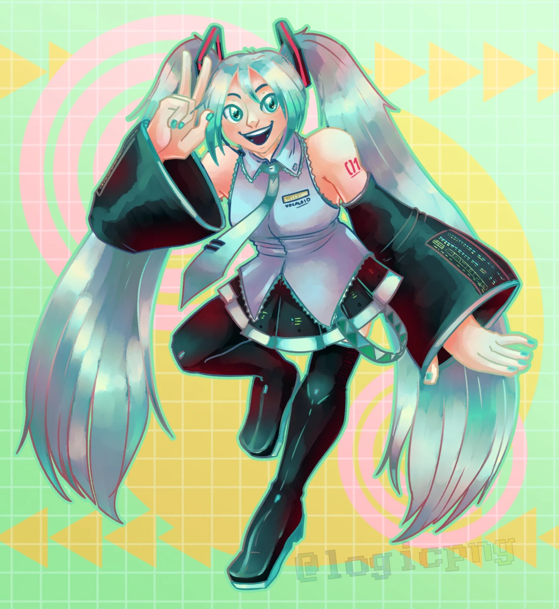 Digital illustration of Hatsune Miku, smiling brightly and showing a V sign with her hand, on top of a bright abstract background with geometric shapes.