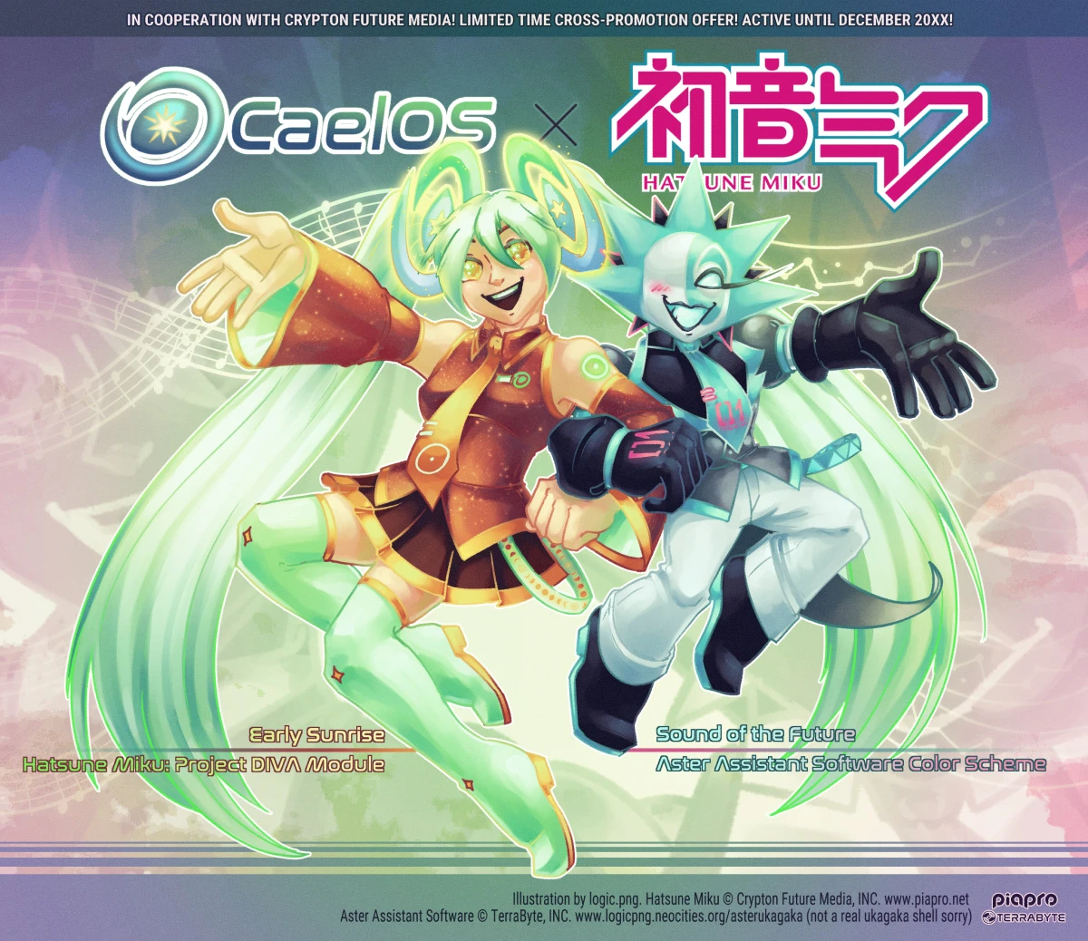 Digital artwork, a fictional promotional poster between Hatsune Miku and CaelOS (based in artist's original work). Miku and Aster are in each other's colors and representing each other's design quirks.