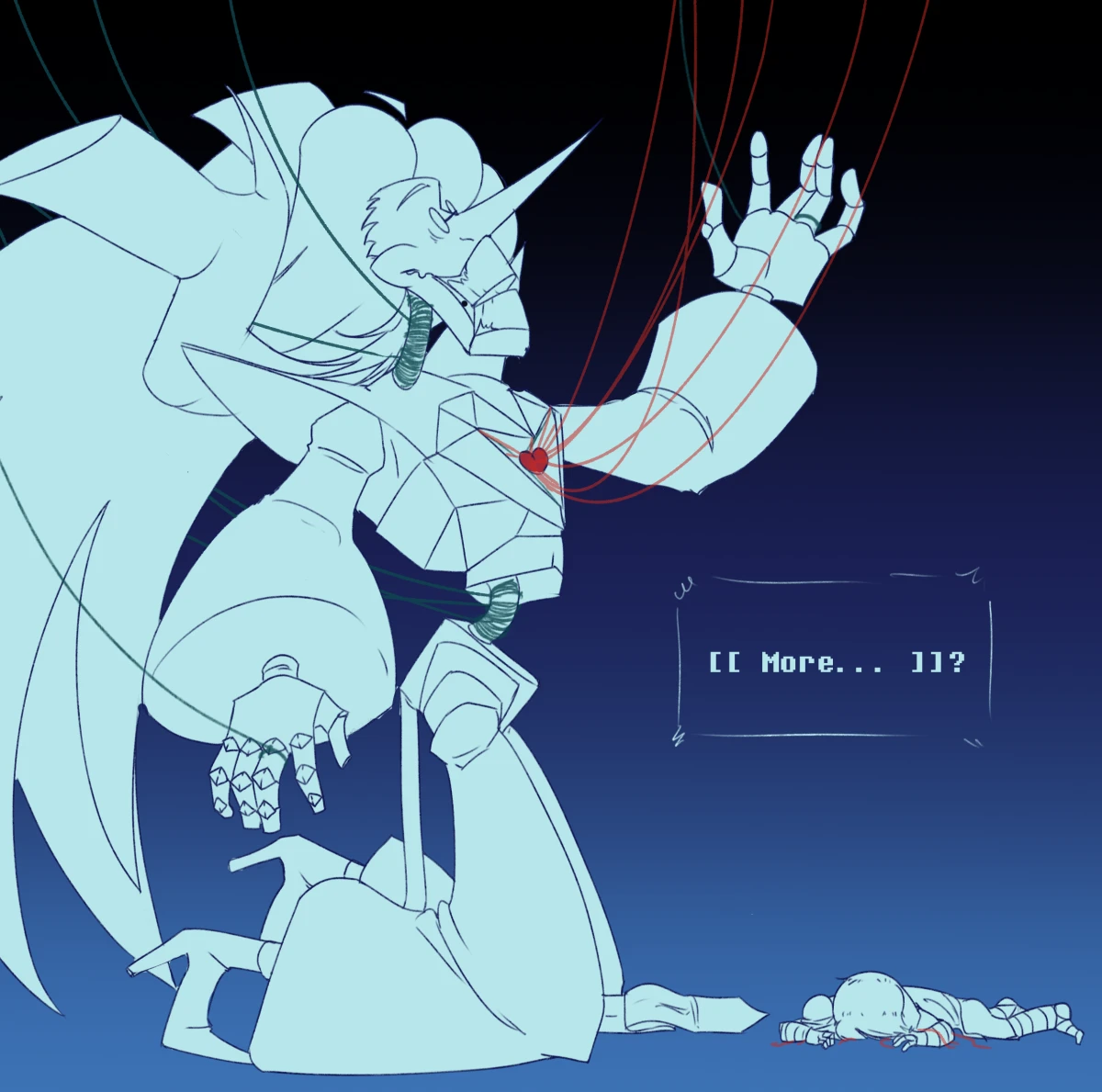 Digital drawing of Spamton NEO kneeling down before a defeated Kris, gesturing upwards towards the red strings from the Soul