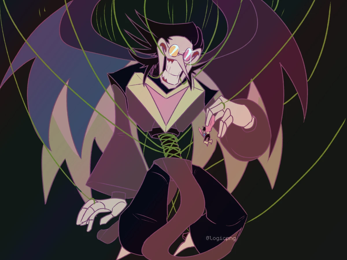 Drawing of Spamton Neo holding Kris up in the air by their cape.