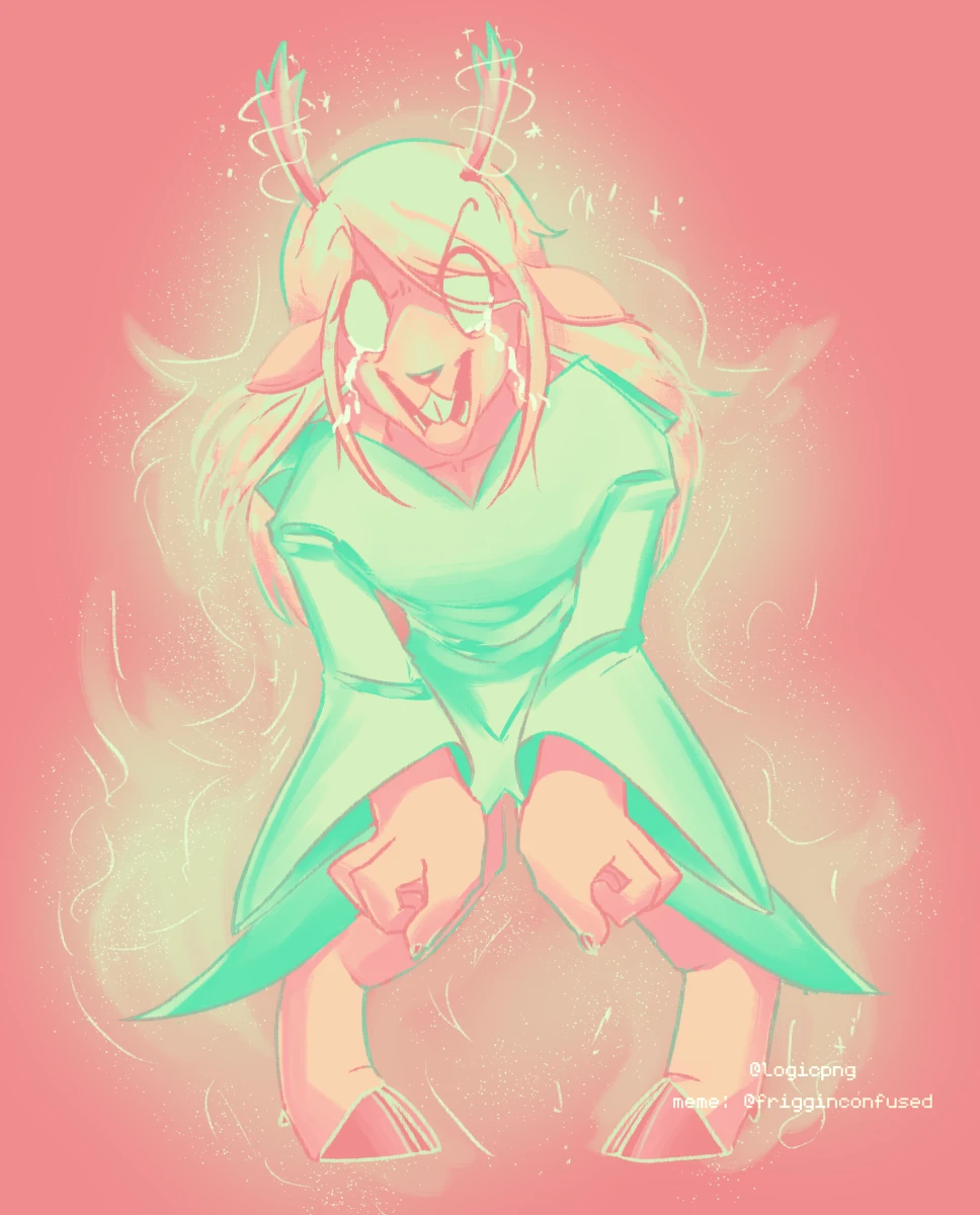 Digital drawing of Dark World Noelle crying and enraged, in a bright pastel palette