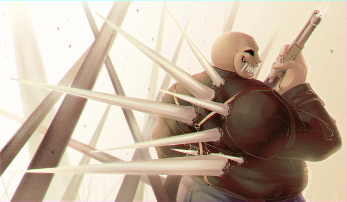 Digital illustration, Fanart of Mike Klubnika's Buckshot Roulette. Dealer stands with a shotgun, back facing the viewer at an angle, a number of metallic spikes protruding from his back, similar to his teeth. The background is of the game's version of Heaven.