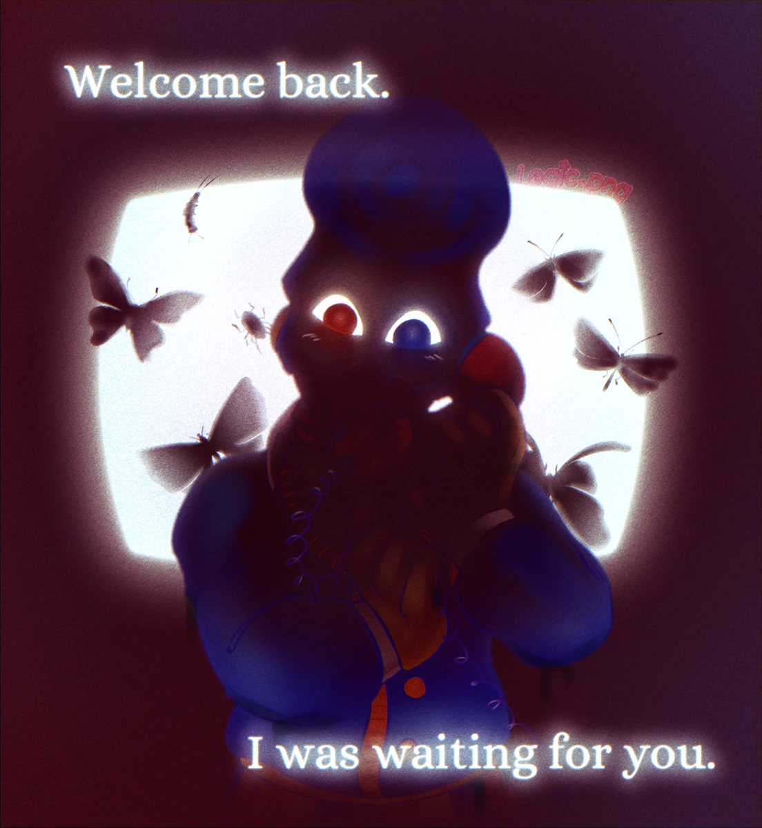 Digital art, fanart of Welcome Home Restoration Project. In front of a glowing TV screen with various bugs and butterflies, Wally darling is staring at the point of view with a phone receiver in his hands. His face is entirely obscured by the dark besides glowing eyes. Text reads: "Welcome back. I was waiting for you."