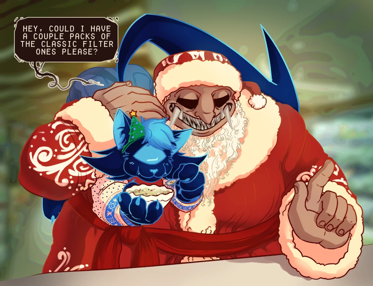 Digital colored drawing. OP's cat fursona, with a festive tree headband and a christmas sweater is eating an olivye salad while hanging over Buckshot Roulete Dealer's shoulder in a Russian Santa Claus/Ded Moroz costume, who's gesturing over a counter, saying "Hey, could I have a couple packs of the classic filter ones please?". The background is a blurry stock image of a supermarket.