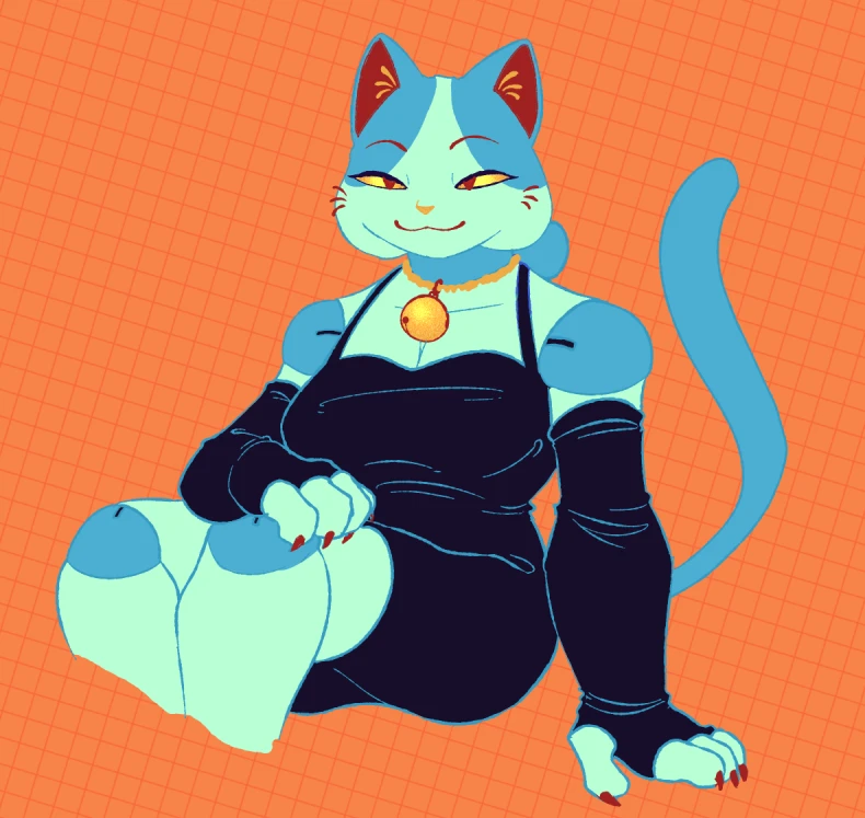 Digital drawing of an anthro feminine cat in a black dress and long fingerless gloves. The cat is white, with blue ball joints and areas on her head, with golden eyes and bell around her neck.