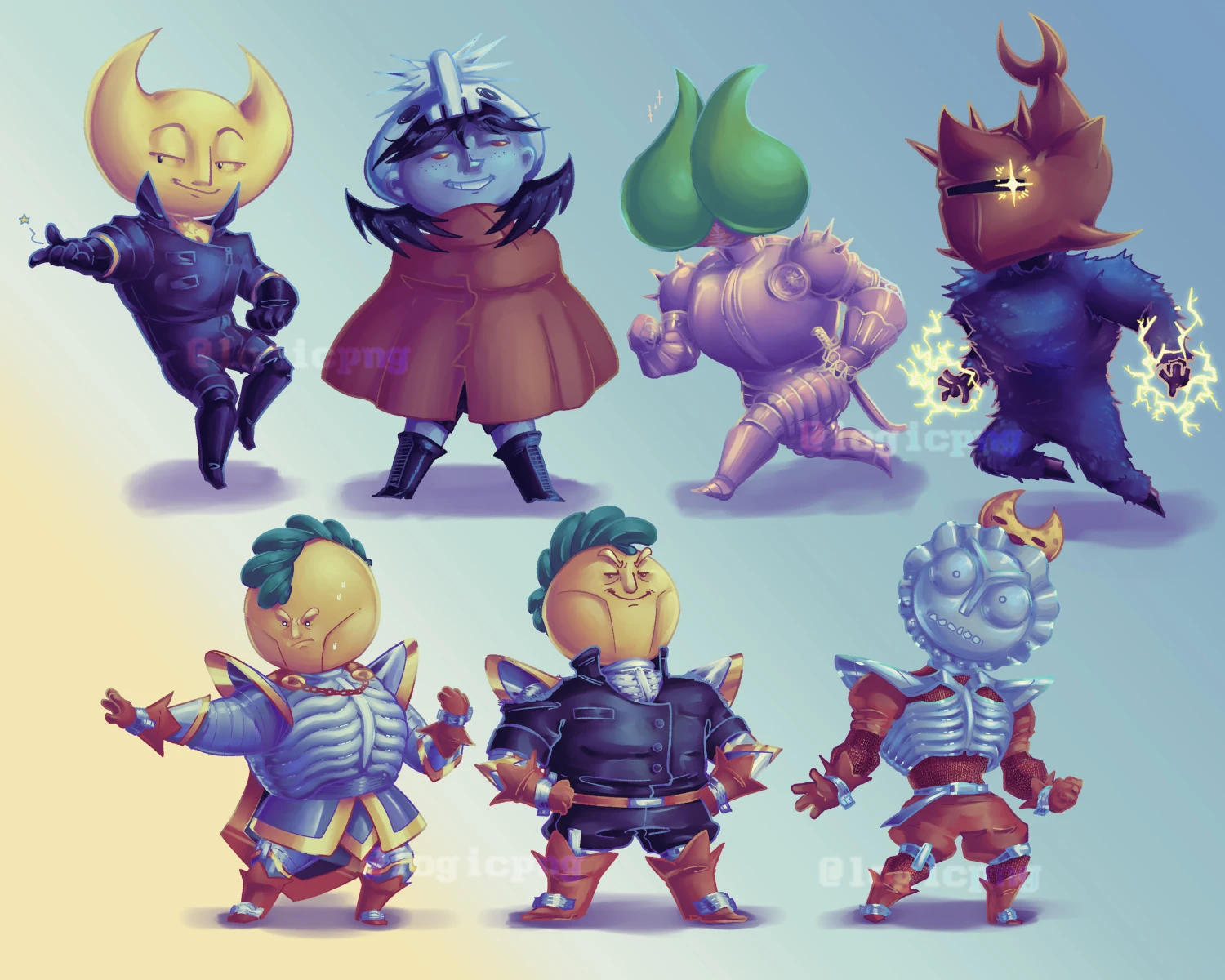 Seven digital drawings - of the main four characters of Hylics, and Gibby in full suit if armour, armor plus the black jacket and pants, and the Redivivus form. All characters featured are drawn in chibi style.