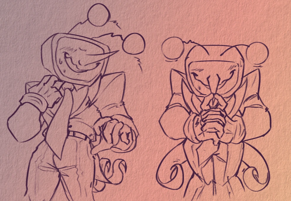 Two doodles of flustered Tenna from Deltarune Chapter 3