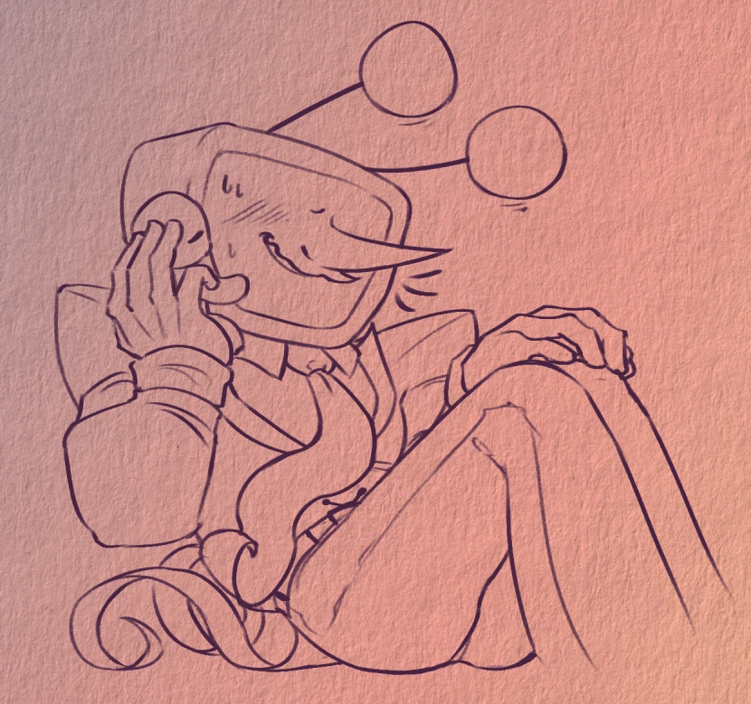 Digital doodle, Tenna holding up a small blank person to his cheek for a kiss, embarrassed