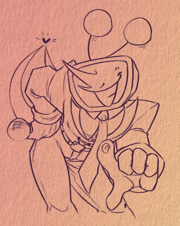 Doodle of Tenna, leaning forward and pointing at the camera