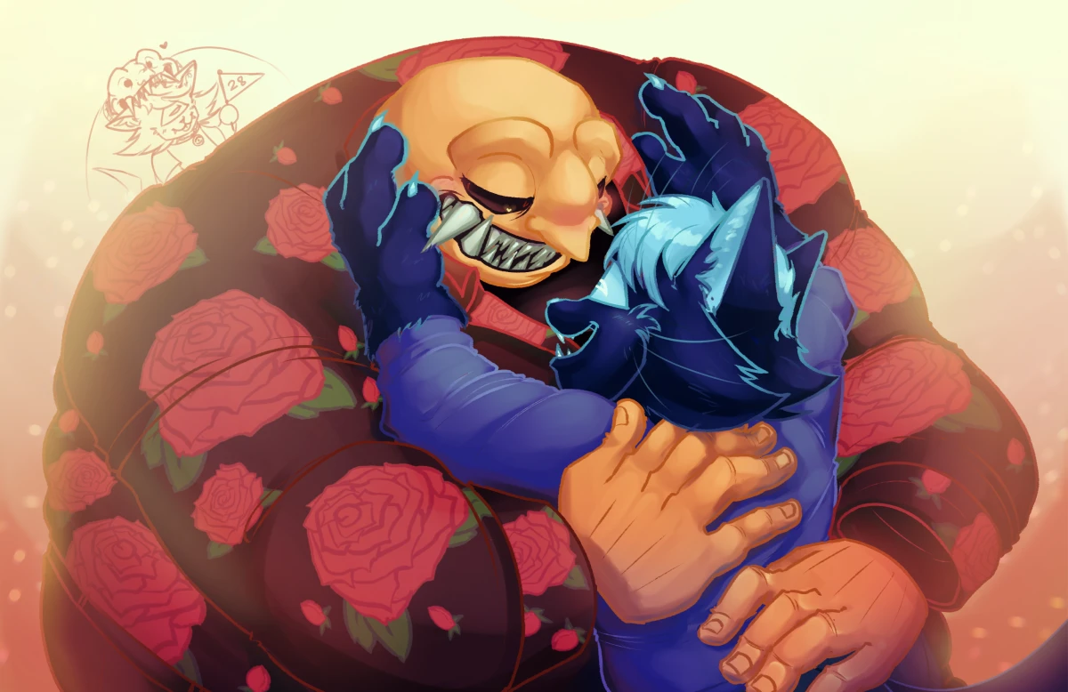 Digital artwork, Buckshot Roulette Dealer gently embracing artist's fursona - a dark blue cyclops cat with light blue accents. To the side is a doodle of Dealer affectionately chomping on top of the fursona's head, who waves a small flag with 28 written on it